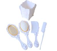 5pcs Broussin de cheveux vintage ensemble de peignes miroir à main avec miroir à main, démêler la brosse cheveux, peigne queue rat et support avec fleur en relief pour tous types (blanc)