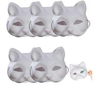 5pcs Cat masque masque de chat blanc pour peindre le de thérian à moitié couvert bricolage avec un maillage des yeux ＆ groupe élastique PVC Animal pour Halloween Cosplay Party Masquerade, T