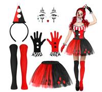 5PCS Deguisement Clown Femme Halloween, Bandeau Arlequin Strass Visage Gants Chaussettes Hautes Jupe Tutu, Costume Clown Femme Deguisement Halloween Arlequin pour Fête d'Halloween Carnaval Cosplay