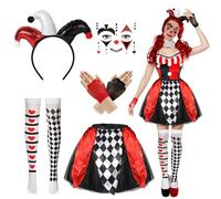 5PCS Deguisement Clown Femme Halloween, Bandeau Arlequin Tatouage Visage Gants Chaussettes Hautes Jupe Tutu, Costume Clown Femme Deguisement Halloween Arlequin pour Fête d'Halloween Carnaval Cosplay