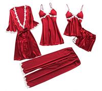 5PCS Femme Chic Peignoir Pyjama Ensemble de Cinq Dentelle Robe Nuisette Vêtements De Pyjama Kimono Sexy en Dentelle + Robes de Cardigan Ensemble 2pcs+Pantalon de Pyjam Short de Pyjama (Rouge, L)