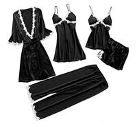 5PCS Femme Chic Peignoir Pyjama Ensemble de Cinq Dentelle Robe Nuisette Vêtements De Pyjama Kimono Sexy en Dentelle + Robes de Cardigan Ensemble 2pcs+Pantalon de Pyjam Short de Pyjama (Noir, 3XL)
