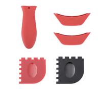 5pcs Housses Poignée Silicone pour Lodge Poêles Fonte, Comprend Support de Poignée 2 Housses d'Assistance et 2 Grattoirs pour Gril Résistant à Chaleur Lavable au Lave-Vaisselle
