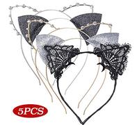 5pcs Serre Tête Oreille de Chat Dentelle Strass Cristal Paillette 5 Styles Bandeau Handband Accessoires Cheveux Femme Fille pour Party Déguisement Cosplay Fête
