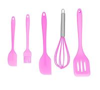 5Pcs Set Silicone Spatula Kitchen Utensil Baking Tool Cake Decoration Egg Beater Kitchen Scraper Oil Brush Slotted Spatula Home Scraper for DIY Baking Home Bakery (Ensemble 5 pièces rose)