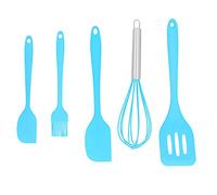 5Pcs Set Silicone Spatula Kitchen Utensil Baking Tool Cake Decoration Egg Beater Kitchen Scraper Oil Brush Slotted Spatula Home Scraper for DIY Baking Home Bakery (Ensemble bleu 5 pièces)