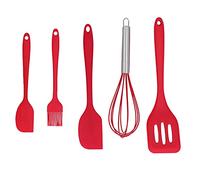 5Pcs Set Silicone Spatula Kitchen Utensil Baking Tool Cake Decoration Egg Beater Kitchen Scraper Oil Brush Slotted Spatula Home Scraper for DIY Baking Home Bakery (Ensemble rouge 5 pièces)