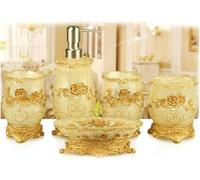 5tlg Salle De Bain Accessoires Salle De Bain Ensemble Résine Luxueux Baroque Fleur Distributeur De Savon Porte-Brosse Toilette Ensemble Salle De Bain, White