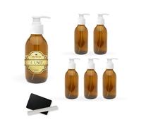 5X Flacon Pompe en Verre Ambré de 150 ML avec Couvercle à Pompe Doseuse + 5 Ardoises et Craie - Huiles Essentielles