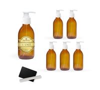 5X Flacon Pompe en Verre Ambré de 200 ML avec Couvercle à Pompe Doseuse + 5 Ardoises et Craie - Huiles Essentielles, Cosmétiques, Produits pour Le Bain, Distributeur de Savon - Skincare