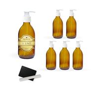 5X Flacon Pompe en Verre Ambré de 250 ML avec Couvercle à Pompe Doseuse + 5 Ardoises et Craie - Huiles Essentielles, Cosmétiques, Produits pour Le Bain, Distributeur de Savon - Skincare