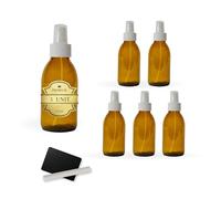 5x Flacon Spray en Verre Ambré 125 ml avec Couvercle du Vaporisateur + 5 Ardoises et Craie - Huiles Essentielles, Cosmétiques, Parfum, Vaporisateur Cheveux - Soins de la Peau et Capillaires