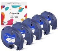 5x Hehua 91221 Plastique Étiqueteuse Compatible pour Dymo Letra Tag Ruban S0721660 91201 12mm x 4m Noir sur Blanc, pour Letratag xr LT100H LT110T LT100T QX50 XR XM 2000 Plus