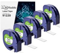 5x Msudoku Replacement pour Dymo Letra Tag 91220 12mm x 4m Ruban pour Étiqueteuse Papier Noir sur Blanc, Compatible avec Dymo Letra Tag LT-100H LT-100T XR XM 200B QX50 (Paper White 91200)