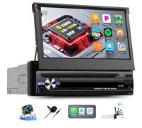 6+128G 8 Cœurs Android 15 Autoradio 1 Din avec CarPlay Android Auto sans Fil, 7“ Rétractable Manuellement Écran Tactile avec GPS WiFi Lien Miroir Bluetooth FM/AM/RDS DSP EQ USB SWC SIM Caméra Arrière