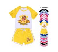 (6-7Years,Black)Waffle The Wonder Dog Kids Girls Casual T-Shirt Tops Shorts 2PCS Sports Set