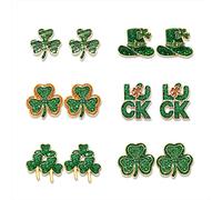 6/9 paires de boucles d'oreilles à tige pour la Saint-Patrick pour femme - Boucles d'oreilles à tige en forme de trèfle à paillettes - Vert irlandais - Chapeau - Lettre porte-bonheur - Accessoire de