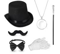 6 Accessoires d'Années 1920 Homme Chapeau Sceptre à Tête Loupe Collier Nœud Papillon Gants Barbe (Classique, Style Vintage)
