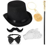 6 Accessoires d'Années 1920 Homme Chapeau Sceptre à Tête Loupe Collier Nœud Papillon Gants Barbe (Doré, Style Élégant)
