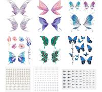 6 Autocollants De Tatouage En Forme D'aile De Papillon, Avec 2 Autocollants En Diamant Rond, 1 Autocollant En Diamant Goutte D'eau, Un Autocollant Visage En Pierres Précieuses Scintillantes