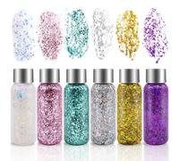 6 Bottle Paillettes Visage,Glitter Body Gel,Paillette Maquillage,Paillettes Corps, Mermaid Sequins Body Glitter,pour Festival Fête Noël Pâques Maquillage Décoration (Blanc/Or/Argent/Rose/Vert/Violet)