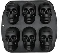 6-Cavity Skull Silicone Mold for Baking, Ice, Chocolate & Halloween Treats | Six uniform 3D skull cavities create matching Halloween shapes for baking, chilling, chocolate, jelly, ice, and crafts.