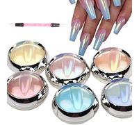 6 Couleurs Aurora Poudre Chrome Ongle Holographique Licorne Perle Effet Miroir Rose Jaune Bleu Violet Sirène Manucure Glitter Pigment Dust pour Nail Art Design avec Outil