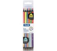 MILAN Crayons bicouleur fluo et métal 12 couleurs, corps triangulaire – boîte de 6