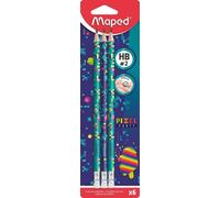 6 Crayons Graphite - Hb - N°2 - Embout Gomme - Ergonomique - Maped - Pixel Party