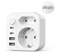 6 en 1 Adaptateur Prise Japon, 2500W Adaptateur de Voyage Japon avec 2 USB C et 2 USB A,Connecteur Schuko vers Type A pour USA, Chine,Canada,Thaïlande