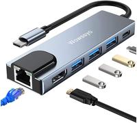 6 en 1 Adaptateur USB C Gigabit 1000 Mbps Ethernet RJ45 LAN pour MacBook Pro MacBook Air 2020/2019/2018 et Autres appareils USB C, USB C Hub avec 4K HDTV, 3 USB 3.0 et Port USB C PD Upgrade