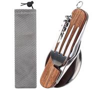 6 en 1 en Acier Inoxydable Pliant coutellerie,Kit Couverts de Camping,avec poignée en bois,Couvert Camping Multifonction,Vaisselle de Voyage avec Poche,pour Voyage,Camping