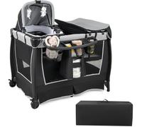 6 en 1 Lit Parapluie Bébé avec Matelas COSTWAY Barre Détachable avec Auvent Réglable,2 Jouets Musical et Sac Transport 0-3 Ans Gris