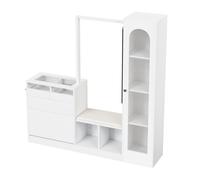 6-en-1 Meuble d'entrée avec éclairage LED, ensemble vestiaire, coiffeuse, banc à chaussures, armoire à chaussures rabattable et vitrine en verre, 163x35x161 cm, Blanc