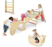6 en 1 Toboggan - GOPLUS - Triangle d'escalade Montesorri Bois avec Échelle Triangle, Bascule Lion de Mer, 3-14 Ans & 60KG, Coloré