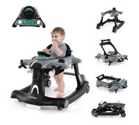 6 en 1 Trotteur Bébé Pliable COSTWAY-Design Avion-Hauteur Réglable-Boîte à Musique Lumières LED-Plateau de Repas- 6 à 18 Mois-Gris