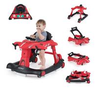 6 en 1 Trotteur Bébé Pliable COSTWAY-Design Avion-Hauteur Réglable-Boîte à Musique Lumières LED-Plateau de Repas- 6 à 18 Mois-Rouge