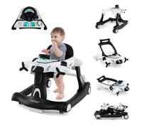 6 en 1 Trotteur Bébé Pliable COSTWAY-Design Avion-Hauteur Réglable-Boîte à Musique Lumières LED-Plateau de Repas- 6 à 18 Mois-Blanc