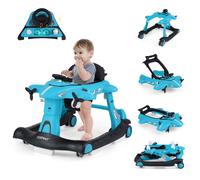 6 en 1 Trotteur Bébé Pliable COSTWAY-Design Avion-Hauteur Réglable-Boîte à Musique Lumières LED-Plateau de Repas- 6 à 18 Mois-Bleu