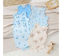 [6 ensembles aléatoires, 3 ensembles envoyés] Nouveau-né bébé garçons' décontracté mignon minimaliste quotidien doux et confortable Ensemble 3 pièces en tricot bleu, barboteuse imprimée ours en peluch
