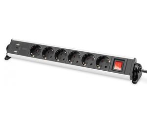 6-fach Office power strip 3x USB 2xUSB-A +1xUSB A, On/off switch, Alu-housing