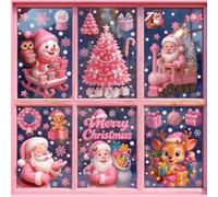 6 Feuilles Autocollants Noel Fenetre,124 Pcs Decoration Noël Autocollants | Flocons de Neige Stickers Noel Réutilisable,Père Noël Wapiti,DIY Decoration de Deco Vitrine et Verre,Rose Noël Autocollant