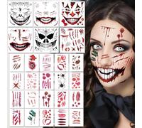6 feuilles de tatouages Halloween pour le visage + 20 feuilles de tatouages cicatrices Accessoires de tatouages Halloween pour le visage Autocollants vampire Joker Maquillage