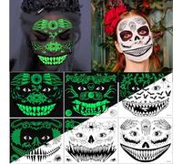 6 Feuilles Lumineux Halloween Tatouages Temporaires pour visage, Crâne mort Squelette Araignées Toile Chauve Souris Tatouages Éphémères pour Halloween Carnaval Maquillage Déguisements Accessoires