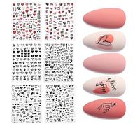 6 Feuilles Stickers Ongles Autocollants Forme de Cœur Noir, Rouge et Multicolore pour Nail Art Autocollants Saint-Valentin Autoadhésifs Deco Ongle Design Manucure DIY pour Femme et Fille