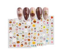 6 Feuilles Stickers Ongles Nail Art,Fleur Ours Lapins Visages Smiley 3D Nail Art Sticker Décoration Accessoires Nail Design pour Femmes Filles Enfants (Ours Lapins)