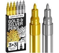 6 Feutres Acryliques Métalliques pour Roche,Pierre,Céramique,Verre,Bois,Tissu,Toile,Métal,Scrapbooking,Lot de 3marqueurs Or