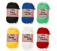 6 fils de coton spécial crochet 55 m - blanc-rouge-jaune-vert-bleu-noir - Graine Créative Multicolore G