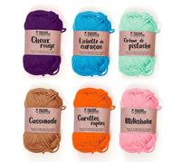 6 fils de coton spécial crochet 55 m - rose-orange-camel-vert clair-turquoise-violet