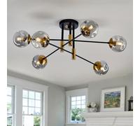 6 Glass Globe Shade Sputnik Chandelier Black and Gold Semi Flush Mount Ceiling Fixture Mid Century Light Fitting for Living Dining Room Bedroom Kitchen Hallway